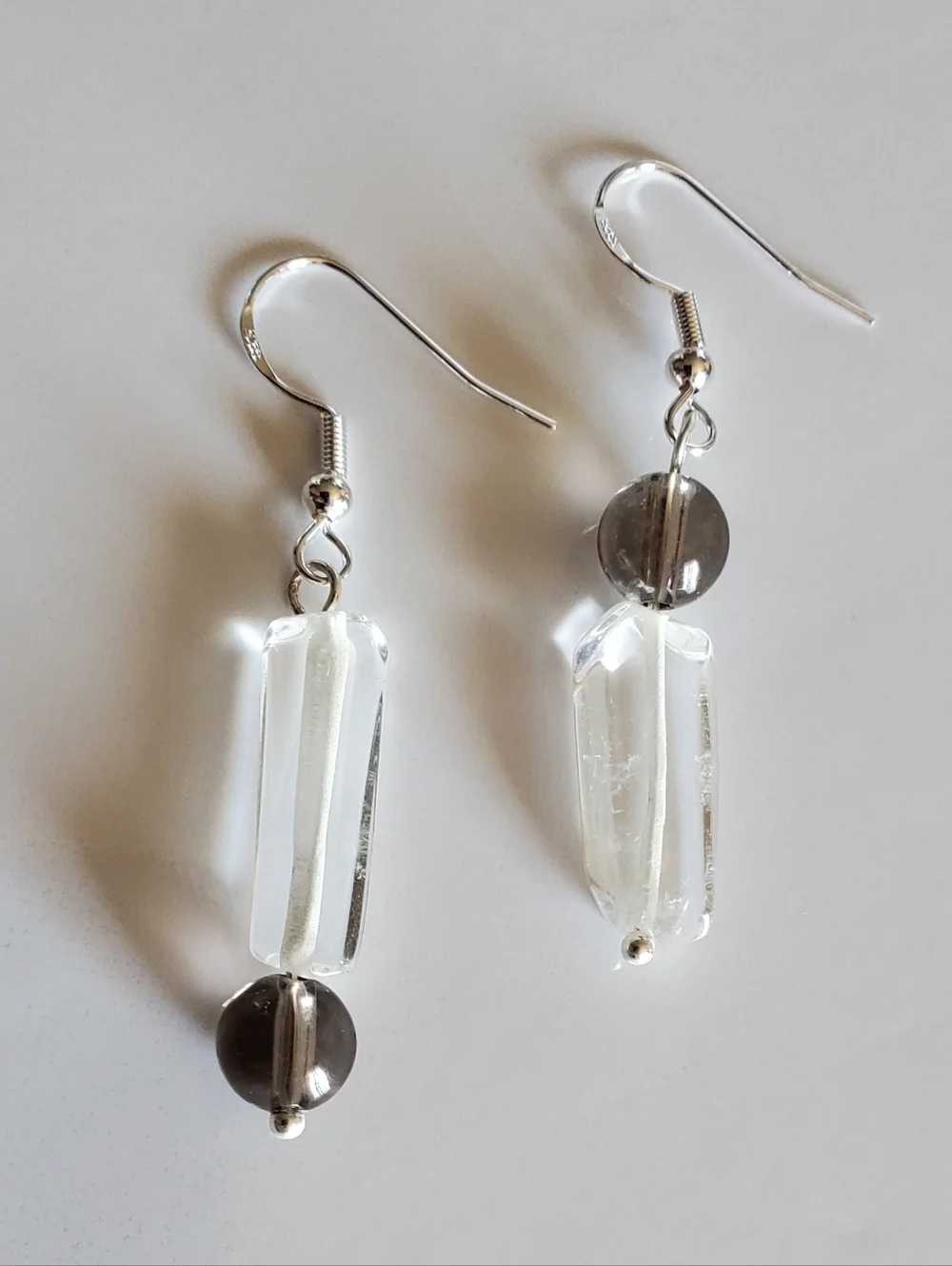 2 Pairs Sterling Silver 925 Clear Crystal & Smoky Quarts Gemstones Drop Earrings - Picture 4 of 8